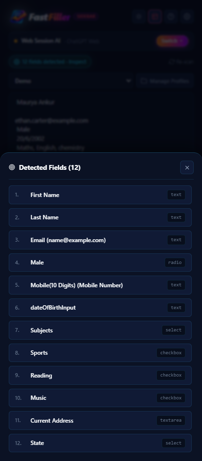 FastFiller Detected Fields Drawer